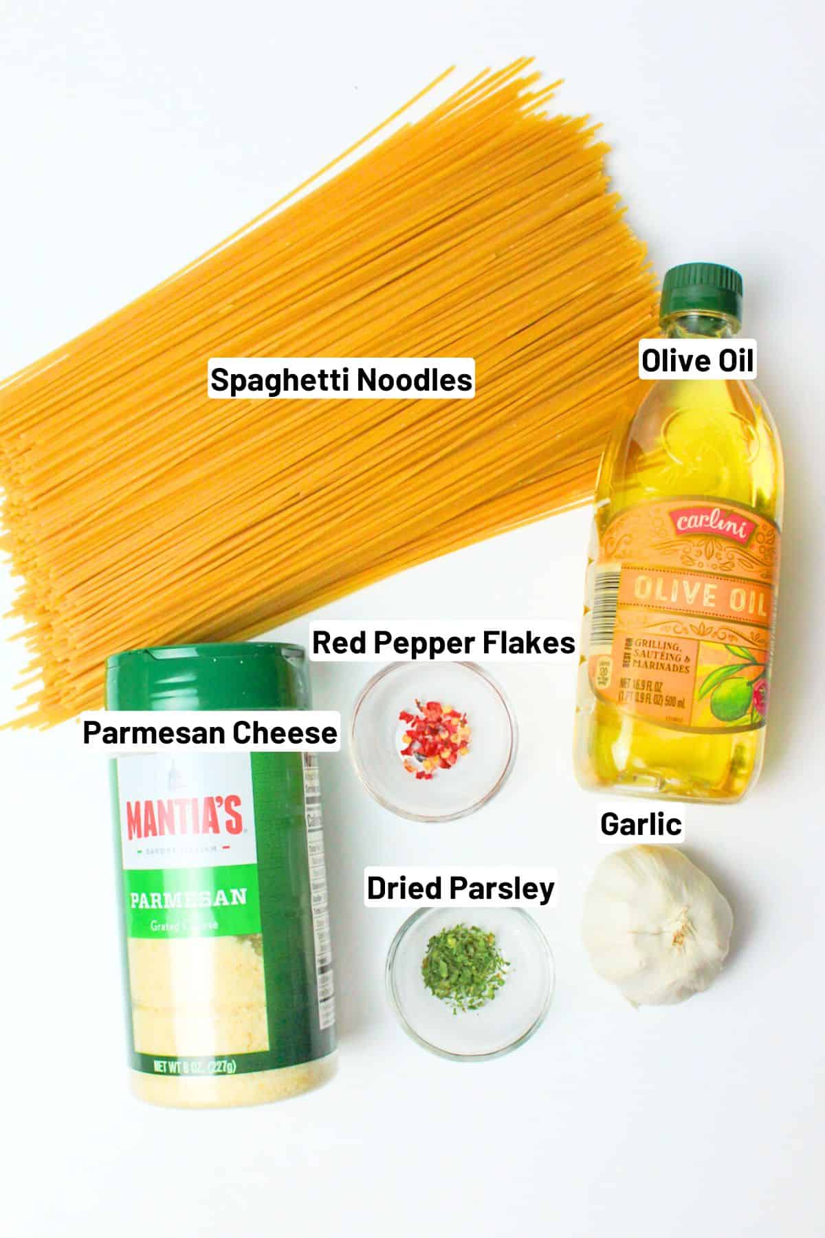 labeled ingredients needed to make garlic and oil spaghetti.