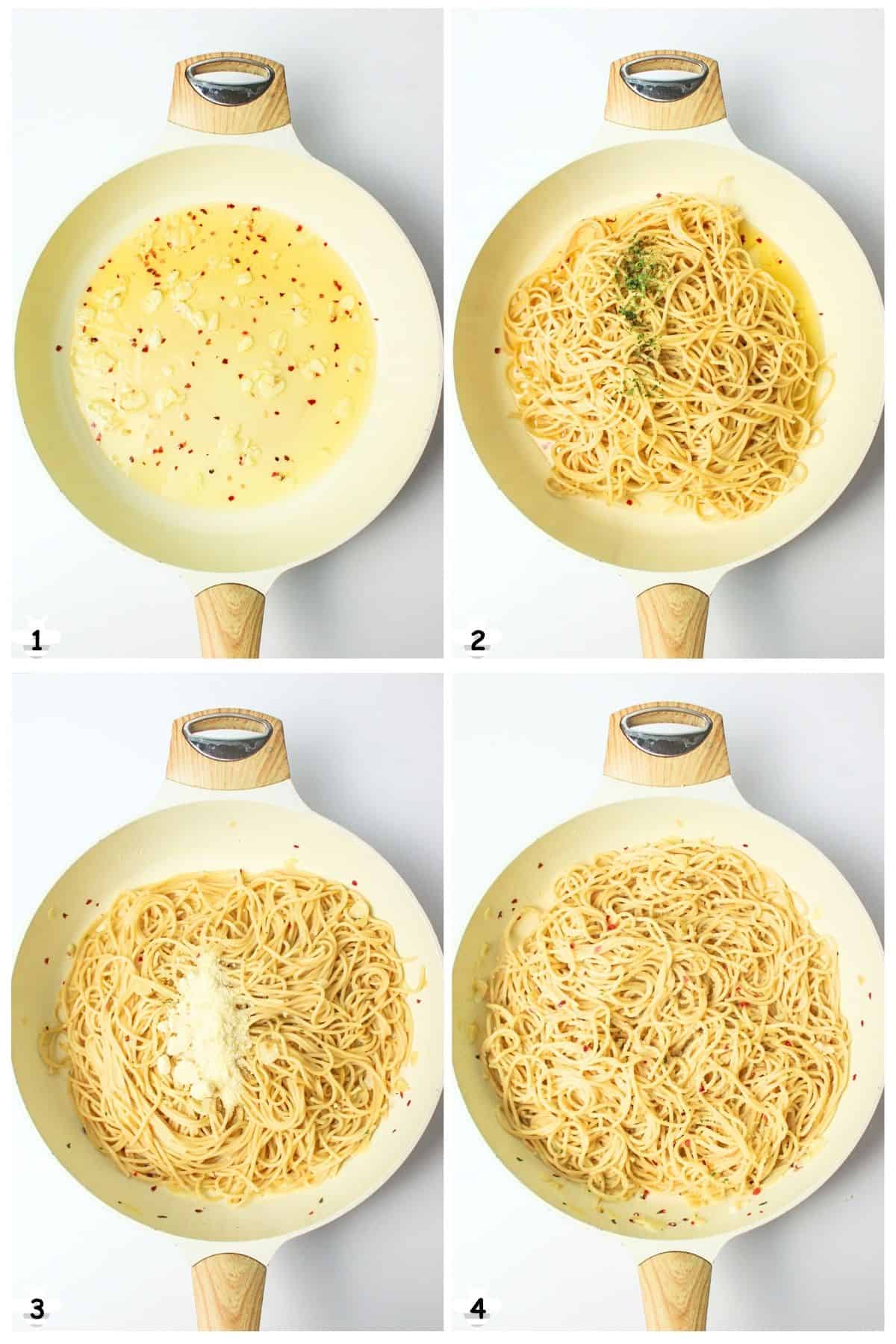 heat oil and garlic, add seasonings, cooked pasta, and cheese.