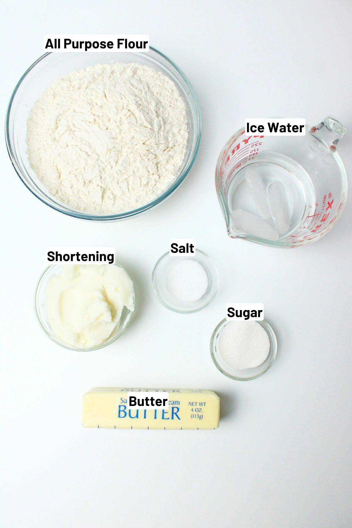 labeled ingredients needed to make homemade pie crust.