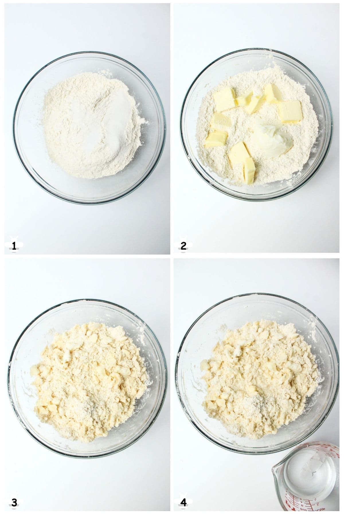whisk dry ingredients, cut in butter and shortening, add water.