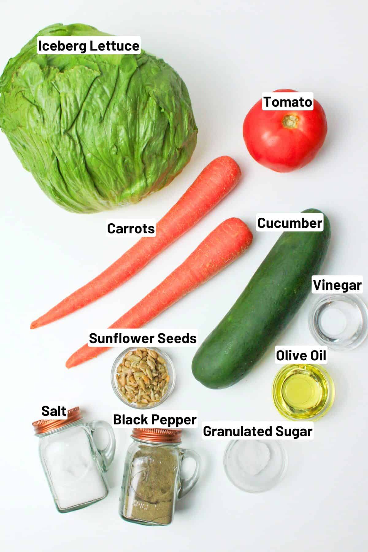 labeled ingredients needed to make iceberg salad.