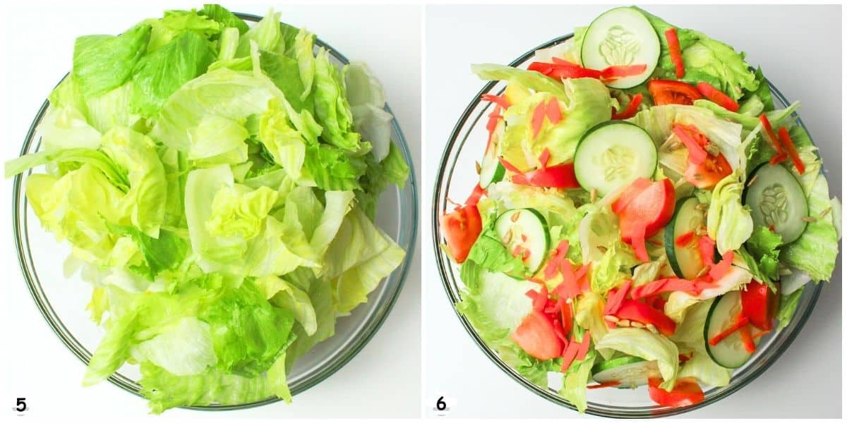 toss the lettuce and sliced veggies in a bowl, add sunflower seeds.