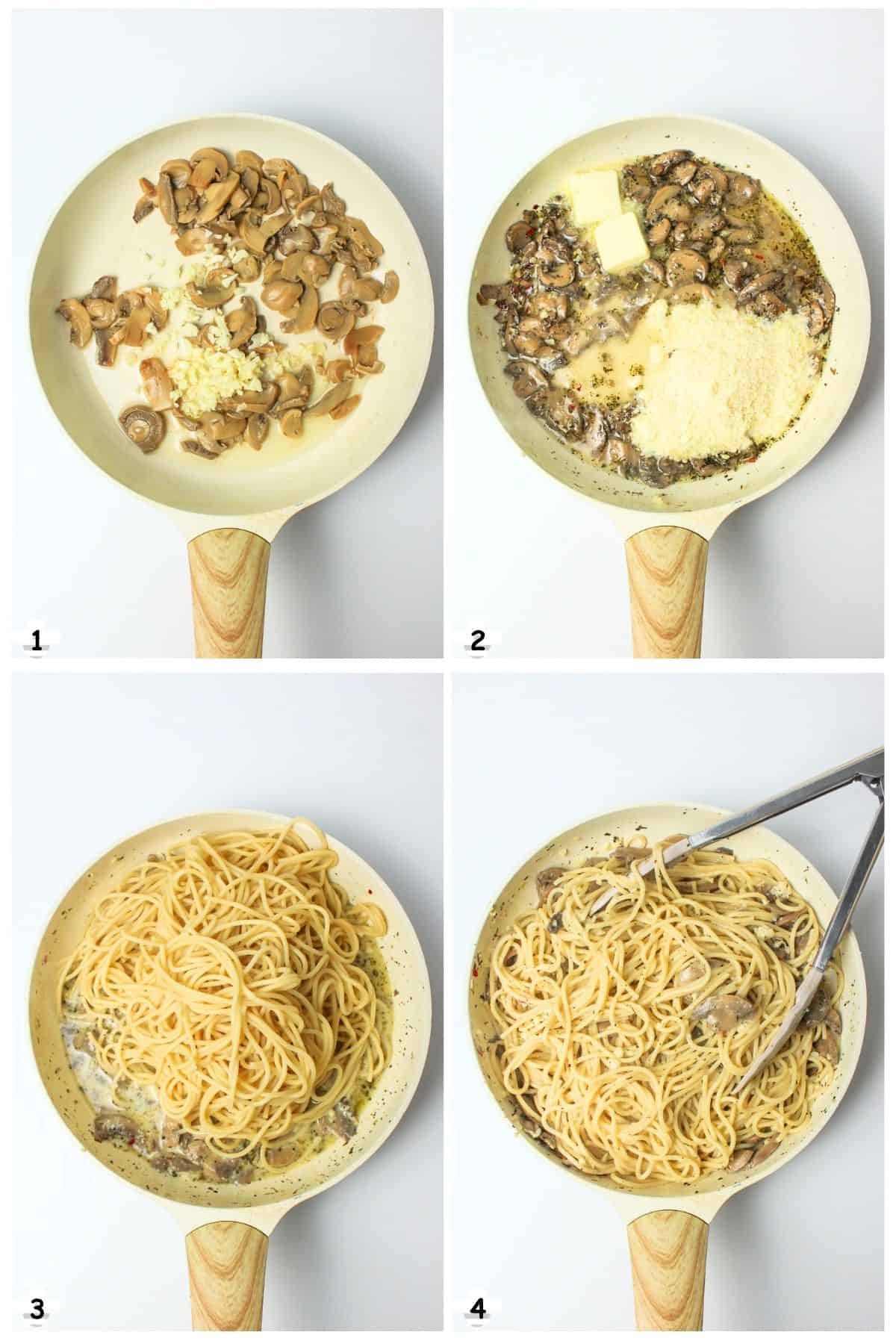 saute mushrooms and garlic, add seasonings, butter and cheese then toss in noodles.