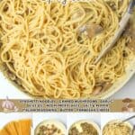 promotional graphic for mushroom garlic spaghetti.