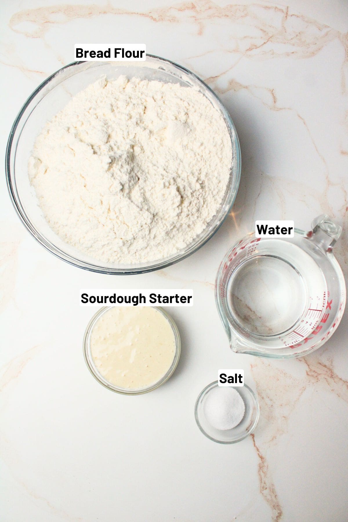 labeled ingredients needed to make sourdough bread.