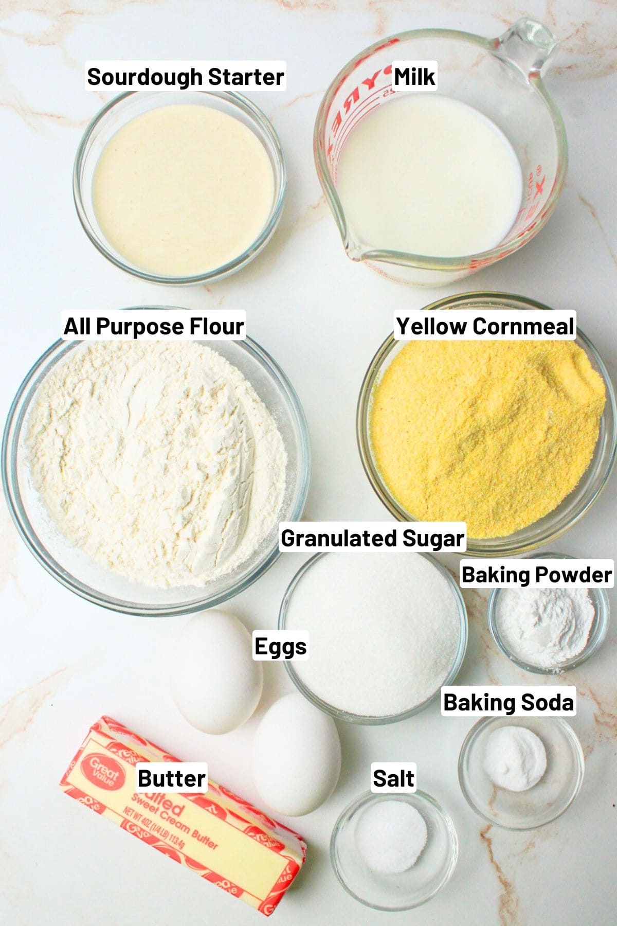 labeled ingredients needed to make sourdough cornbread.