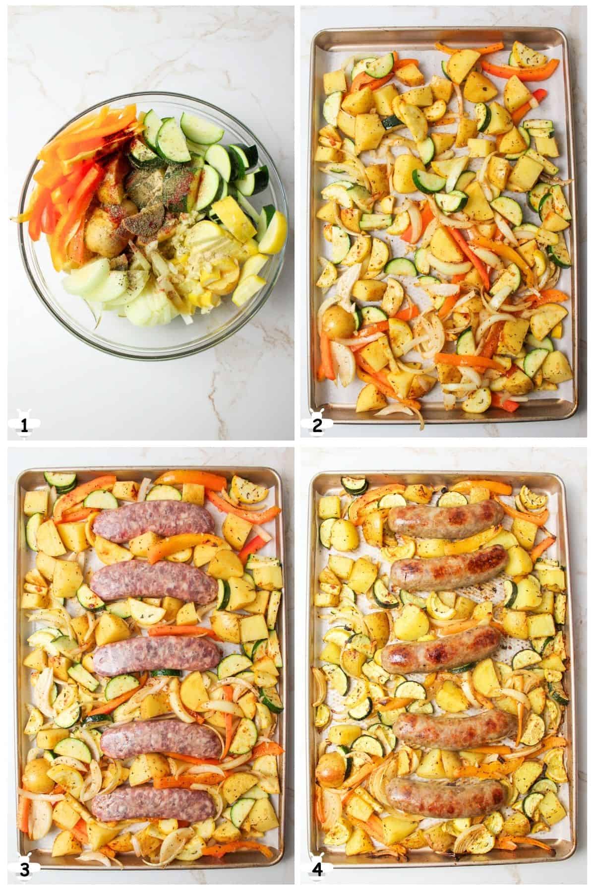 mix veggies with seasonings and spread onto baking sheet, add brats and bake.