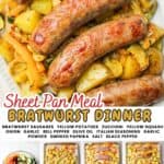 promotional graphic for bratwurst sheet pan meal.