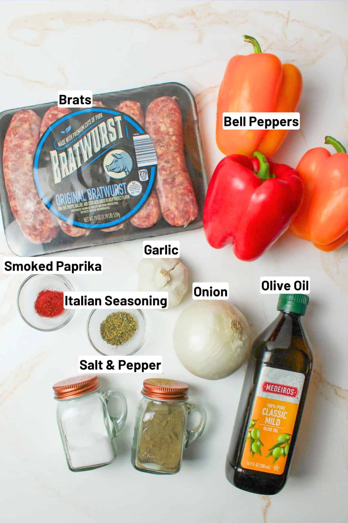 labeled ingredients needed to make bratwurst with peppers and onions.