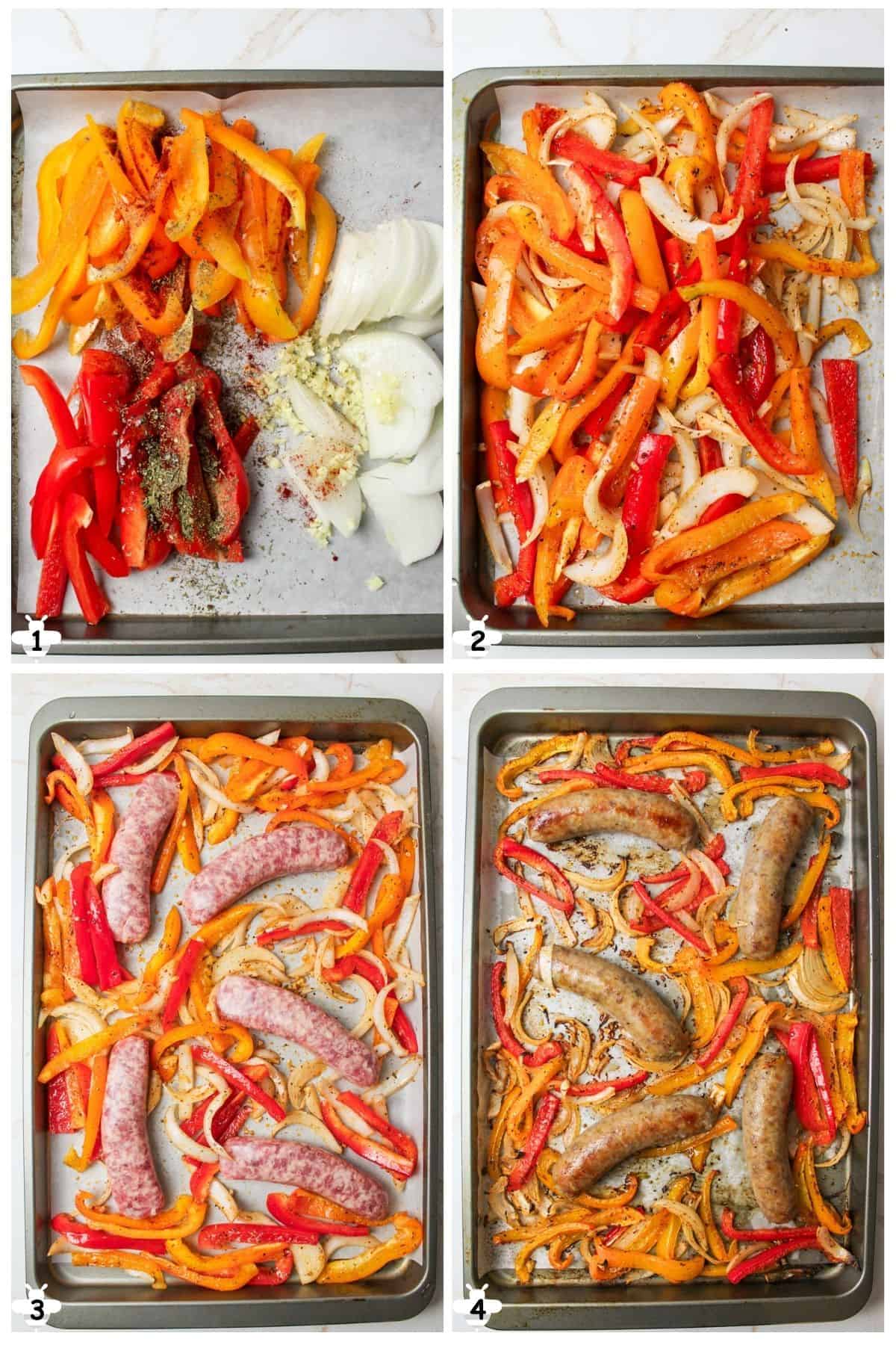 cut veggies mix with seasonings add brats and bake.