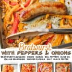 promotional graphic for bratwurst with peppers and onions.