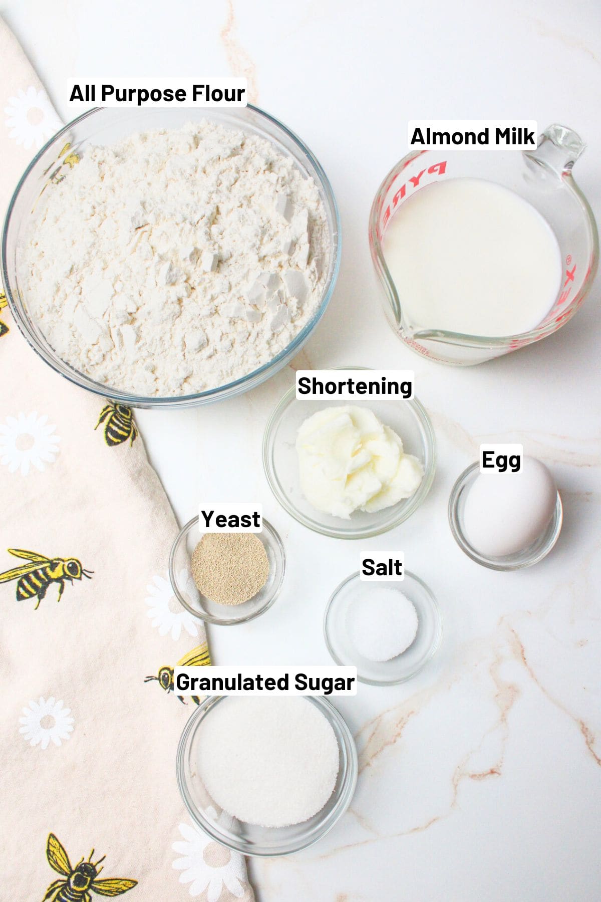 labeled ingredients needed to make dairy free donuts.