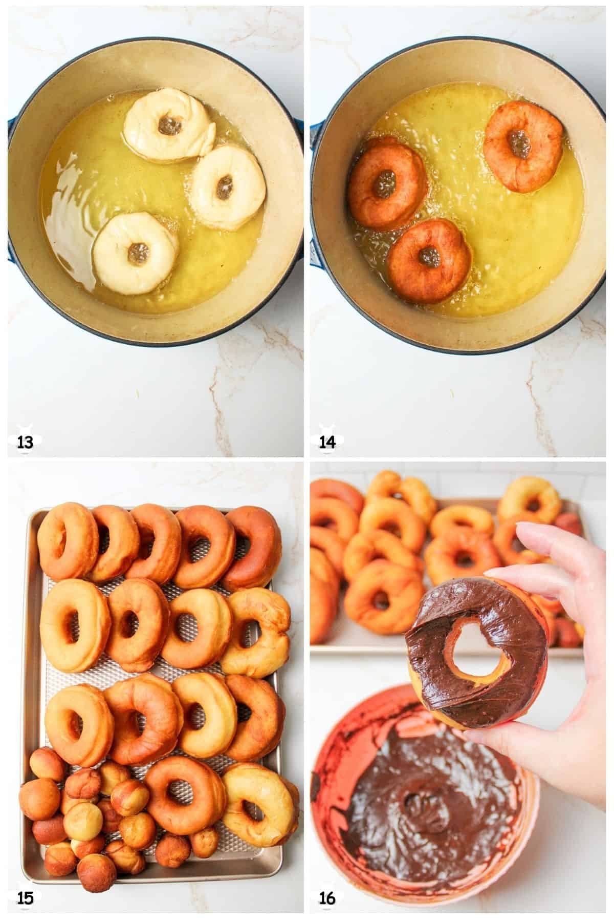 boil the donuts in oil, drain grease and add frosting.