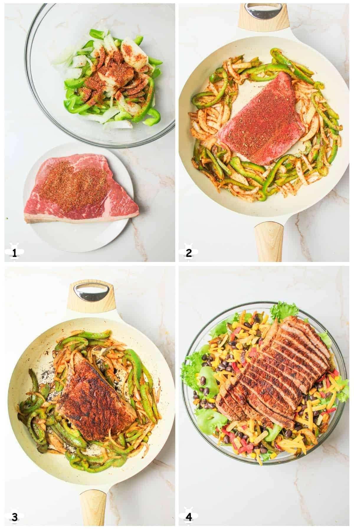 season meat and veggies, and cook until done, then assemble salad.
