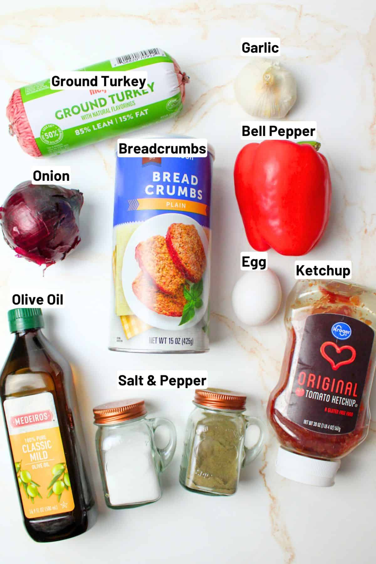 labeled ingredients needed to make healthy turkey meatloaf.