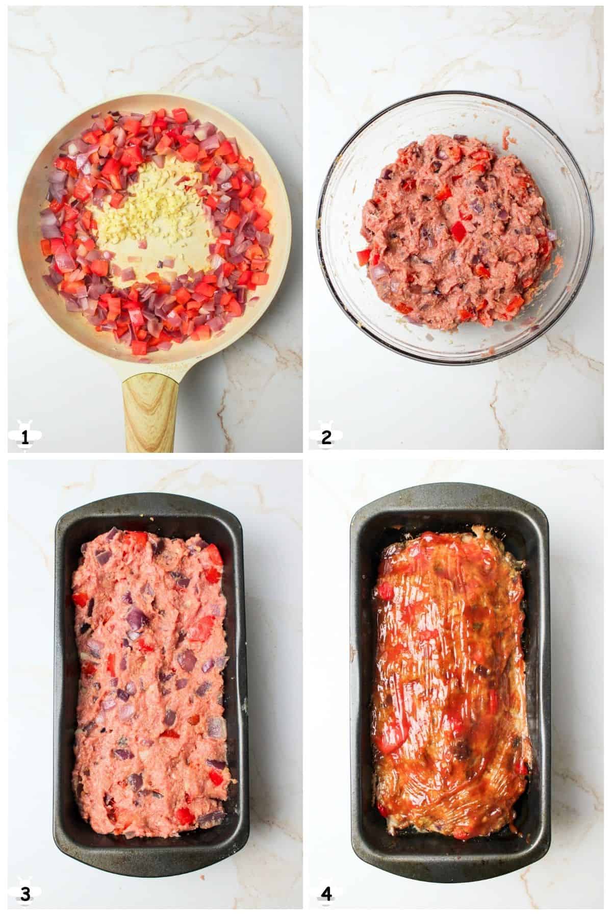 saute veggies add turkey, place into pan and bake, top with ketchup.
