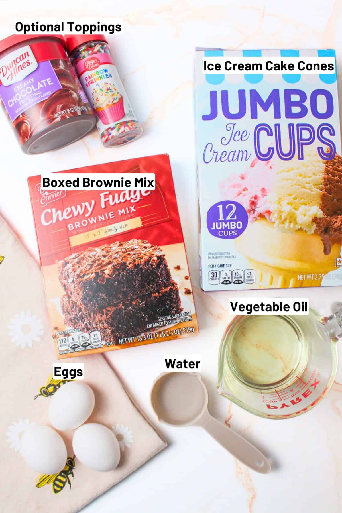 labeled ingredients needed to make ice cream cone brownies.