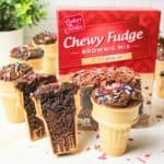 cake cone brownies in front of boxed brownie mix.