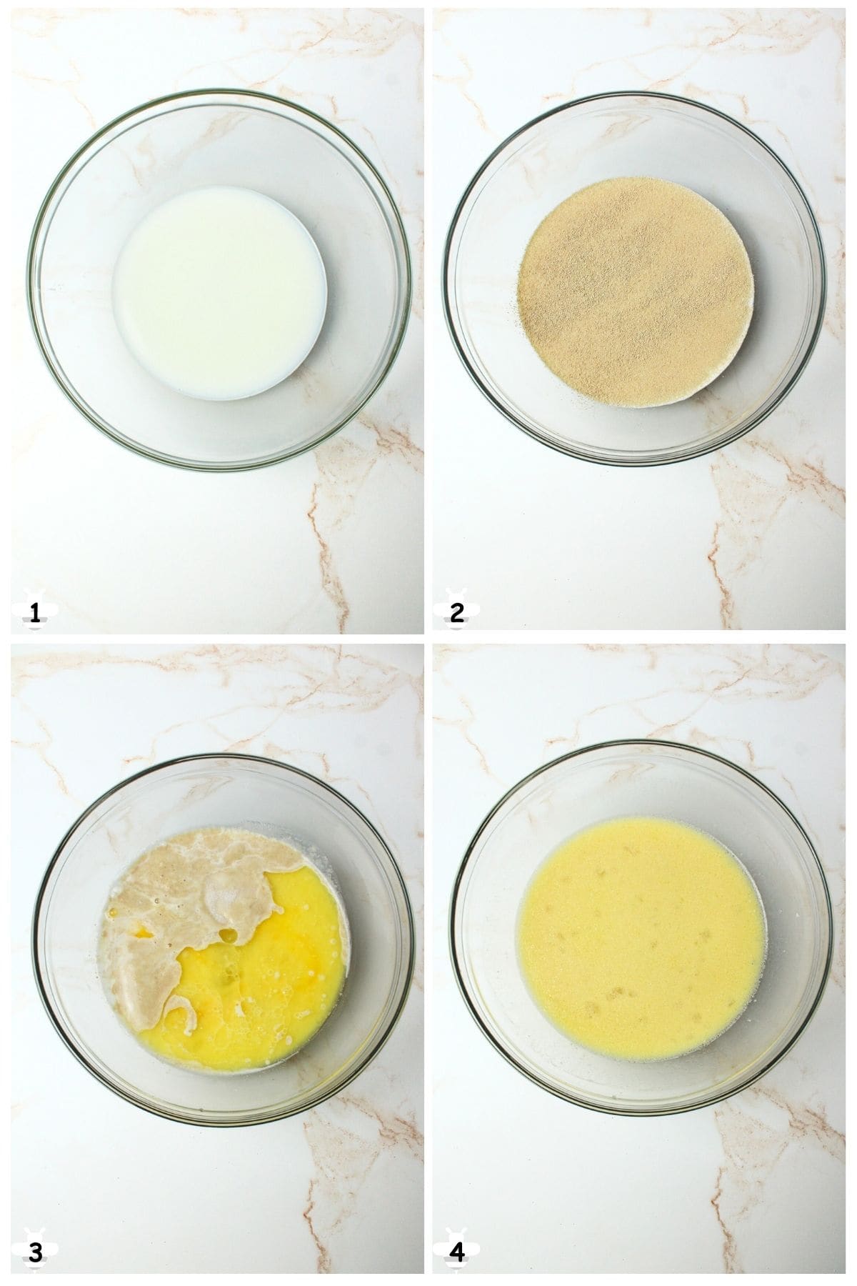 warm milk, proof yeast, add melted butter and mix.
