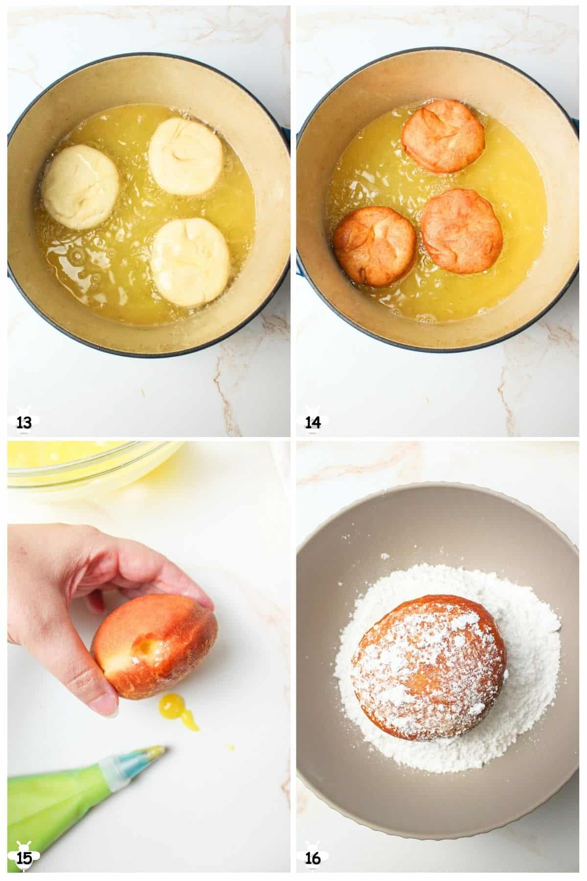 boil in oil, drain grease, fill with curd and roll in powdered sugar.