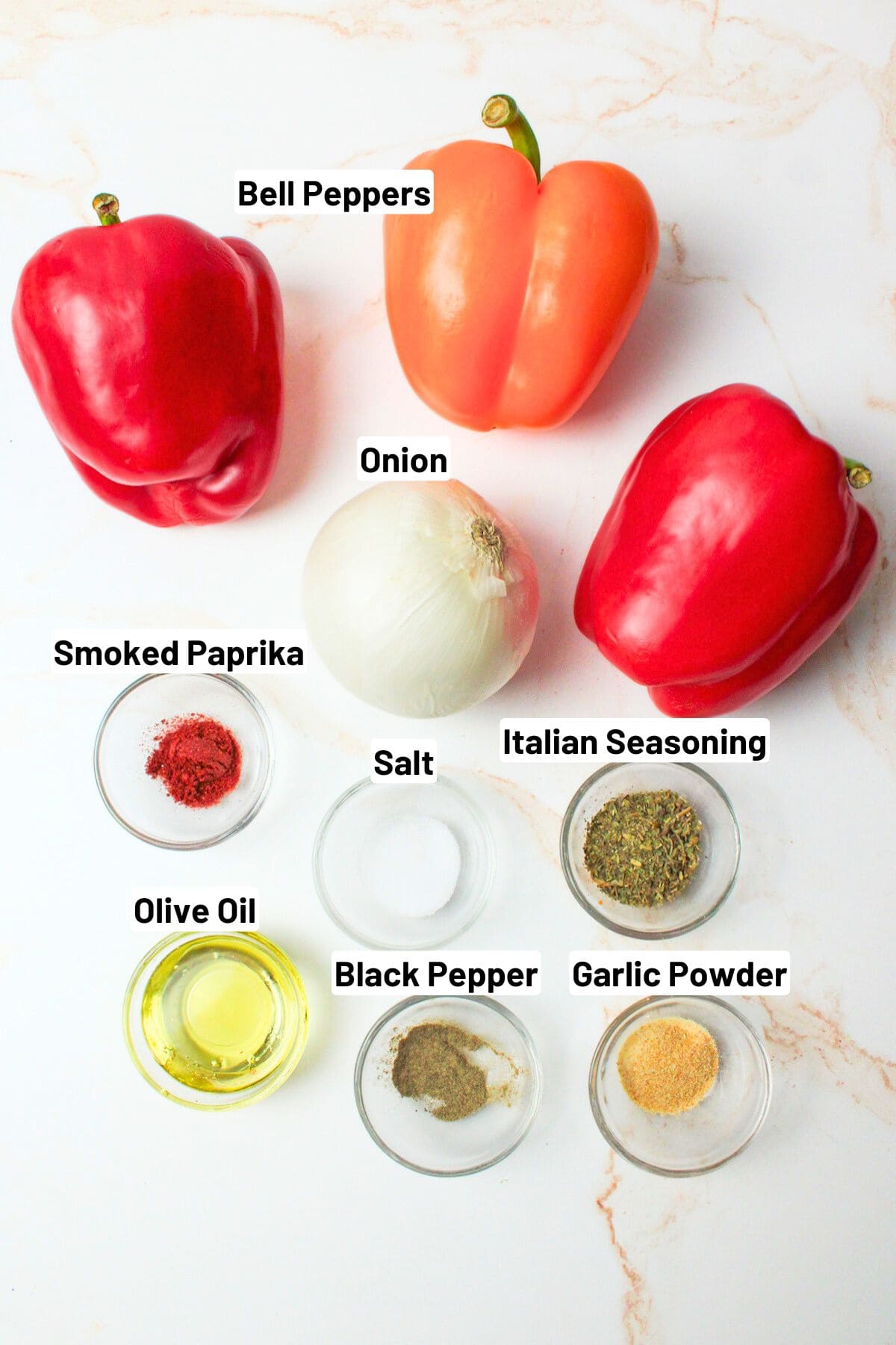 labeled ingredients needed to make oven roasted peppers and onions.