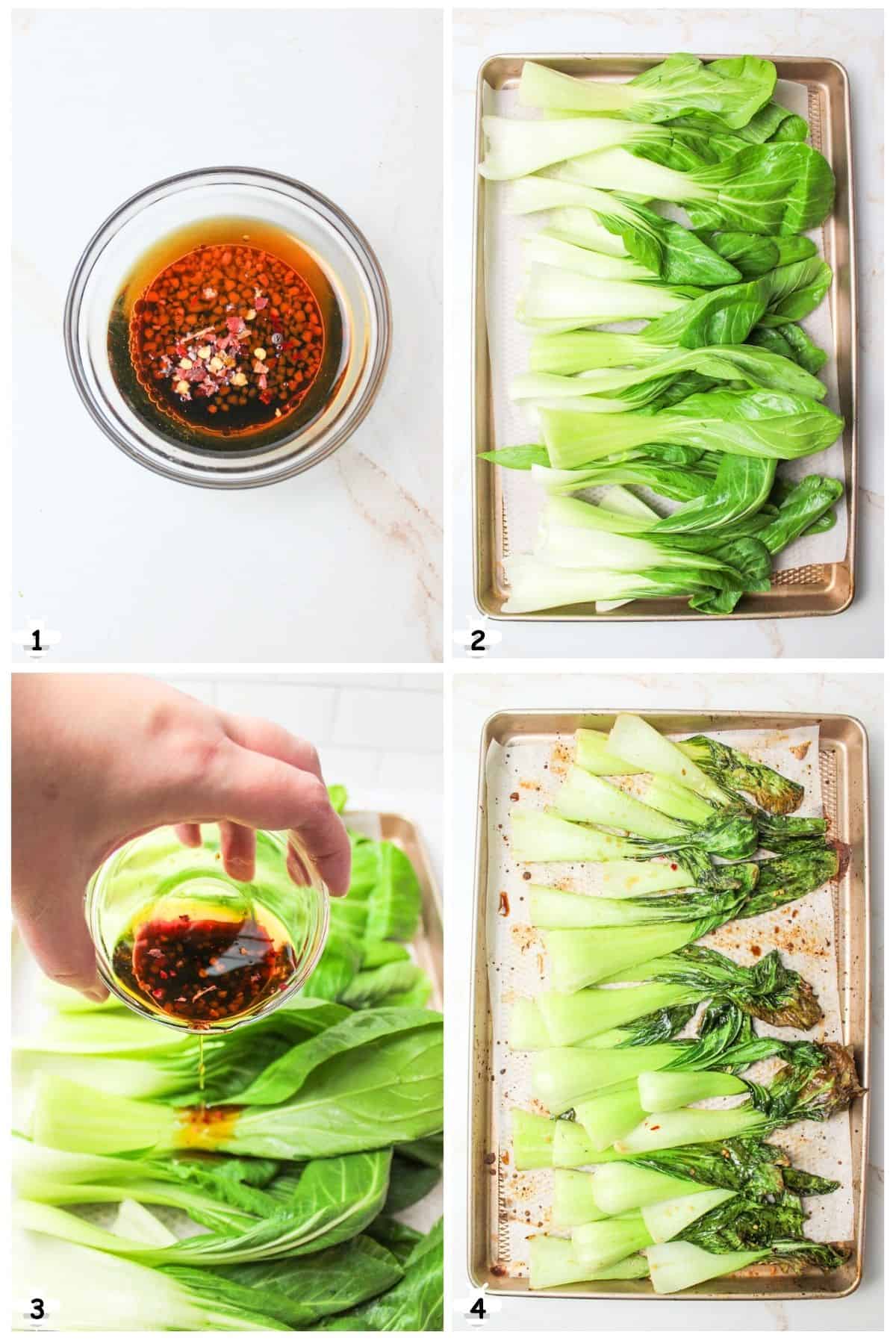 mix dressing, spread bok choy on pan, coat well and bake.