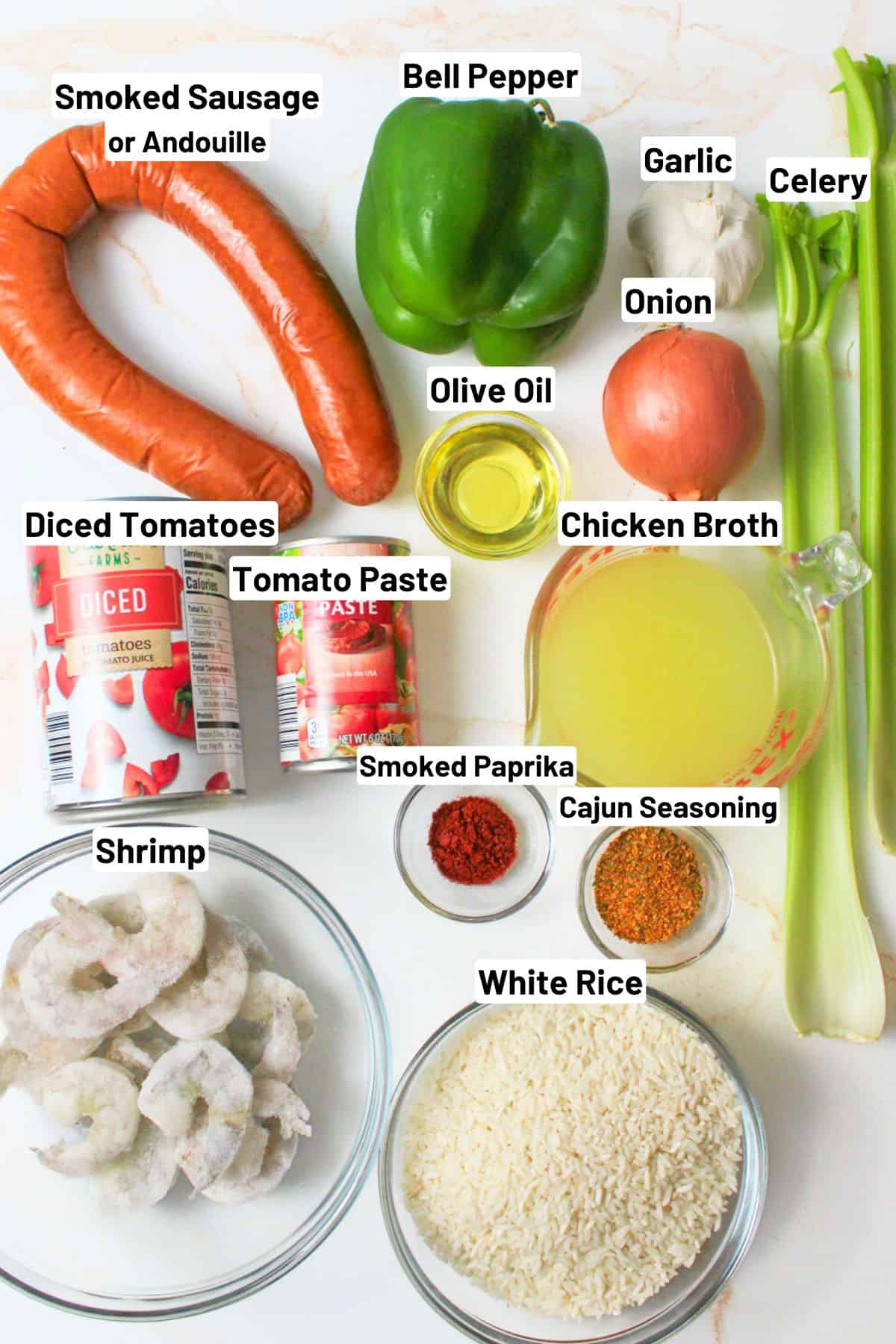 labeled ingredients for shrimp jambalaya.