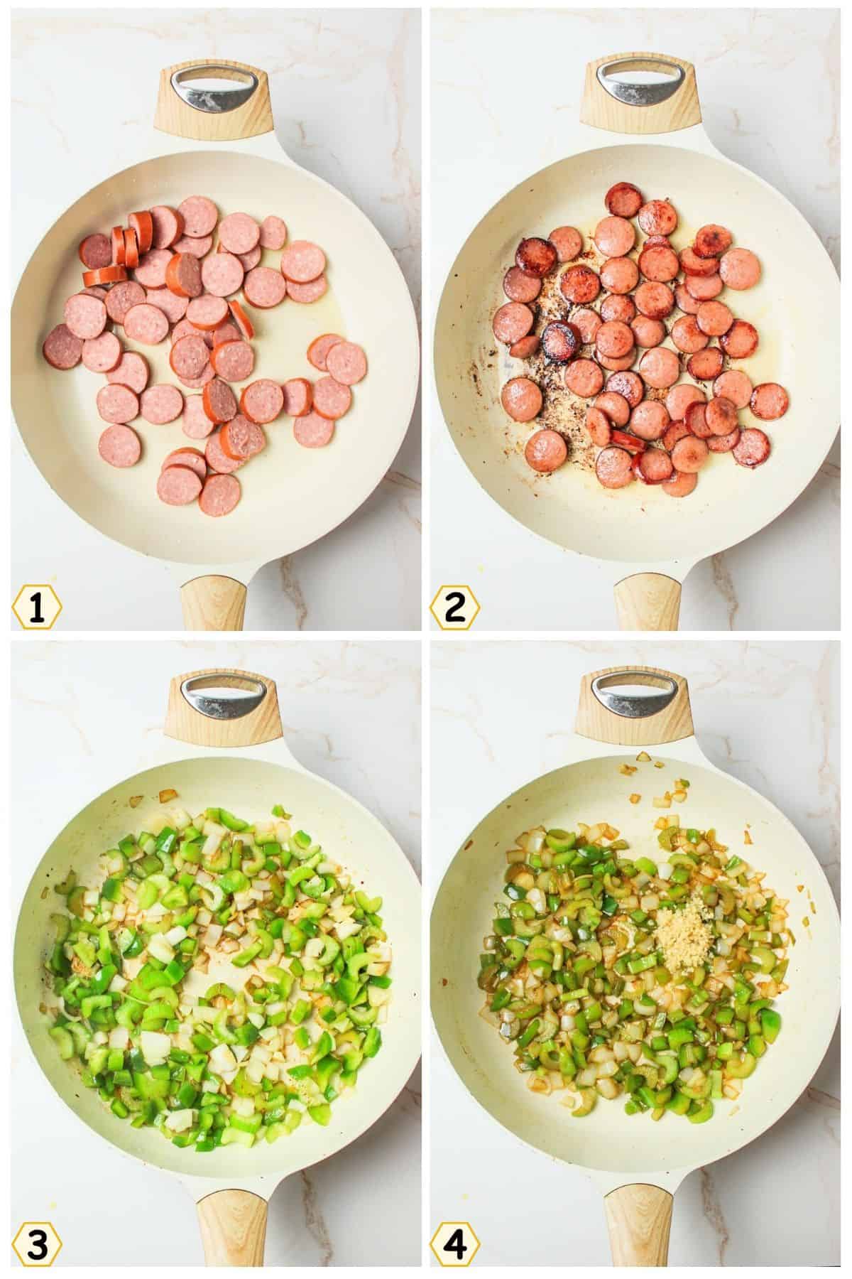 brown sausages, remove and saute onion mixture.