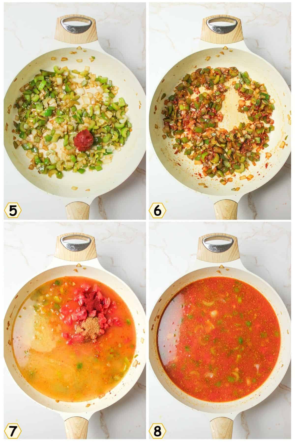 add tomato paste, liquids, and stir.