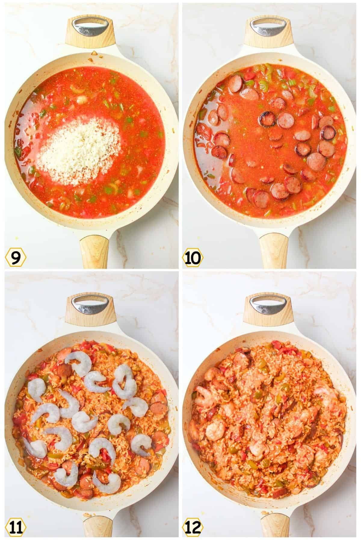 add rice and sausage, simmer then add shrimp until pink.