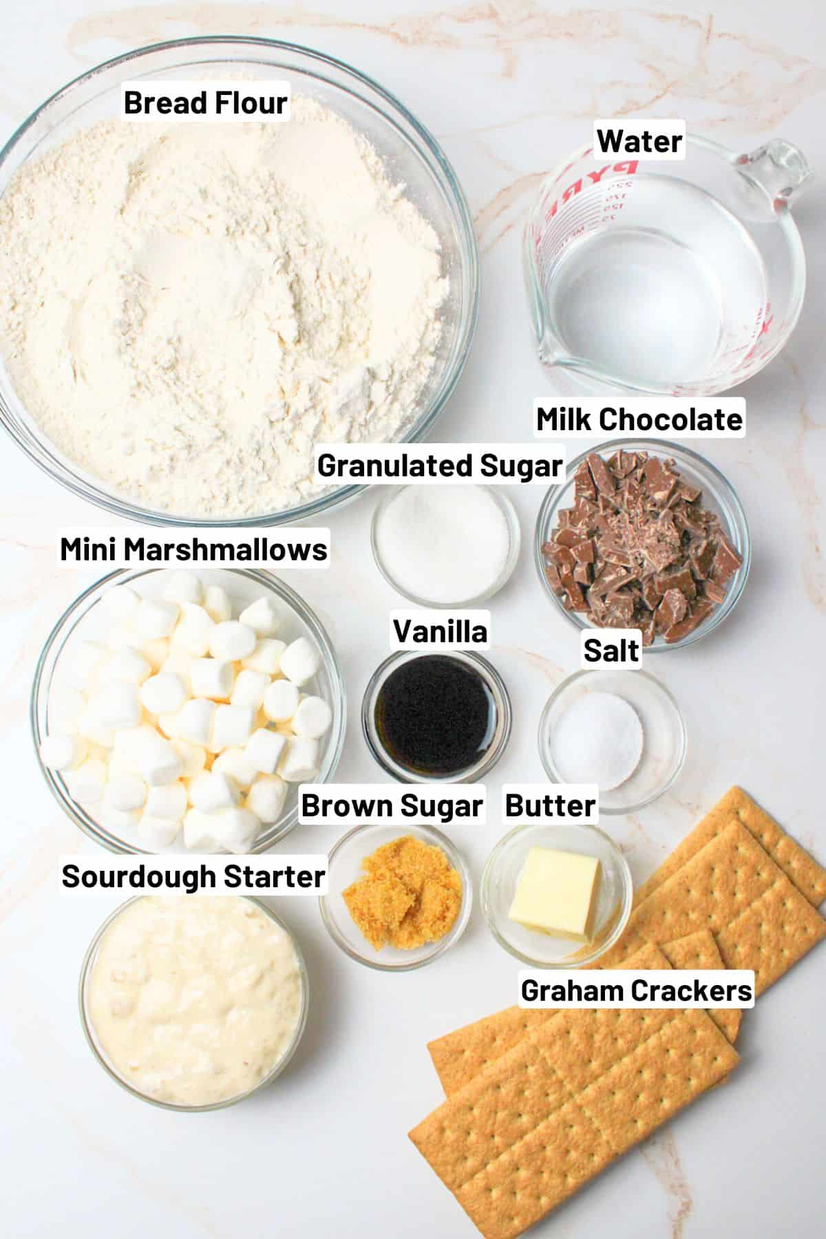 labeled ingredients needed to make sourdough smores bread.