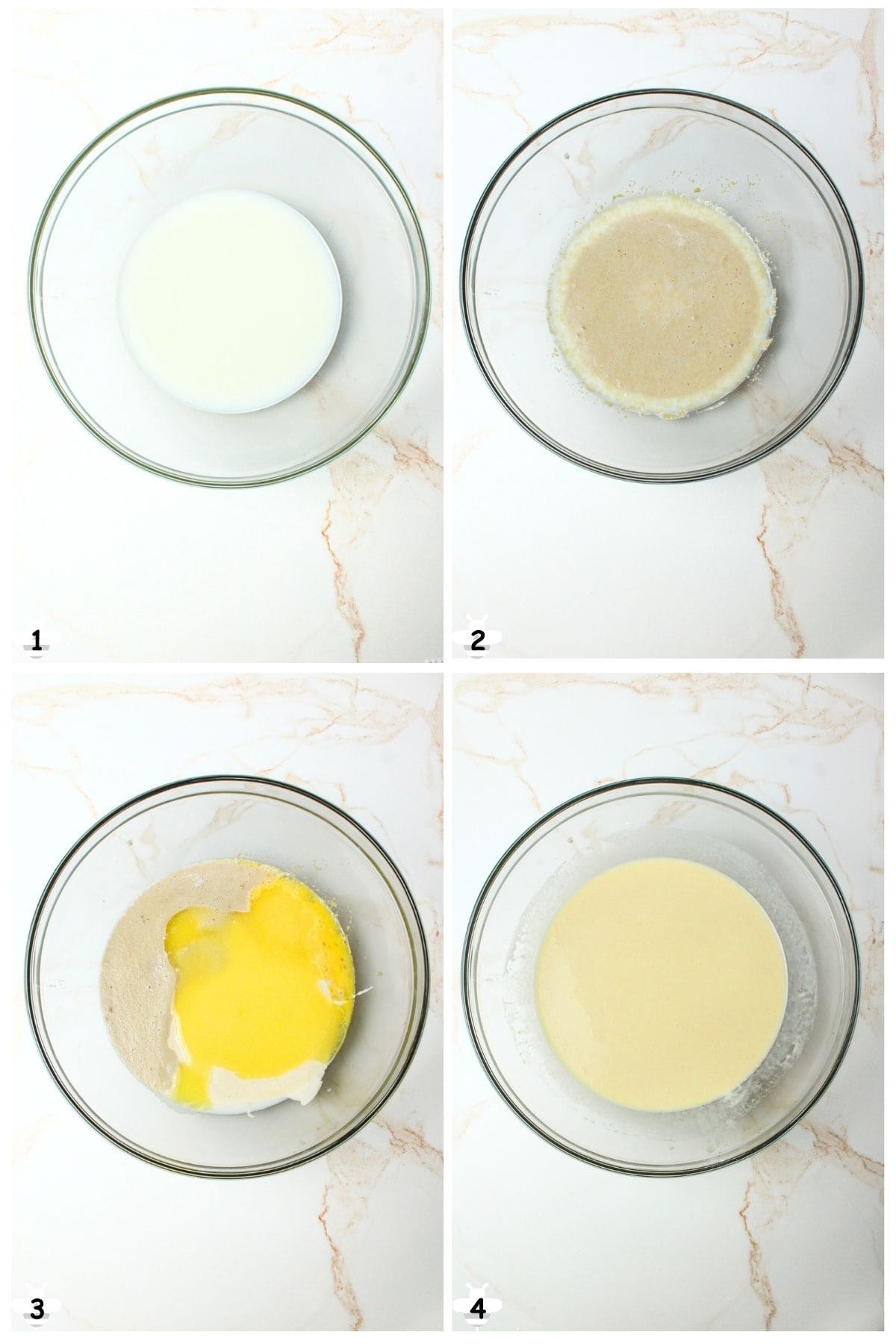 warm milk, proof yeast, add melted butter and mix.