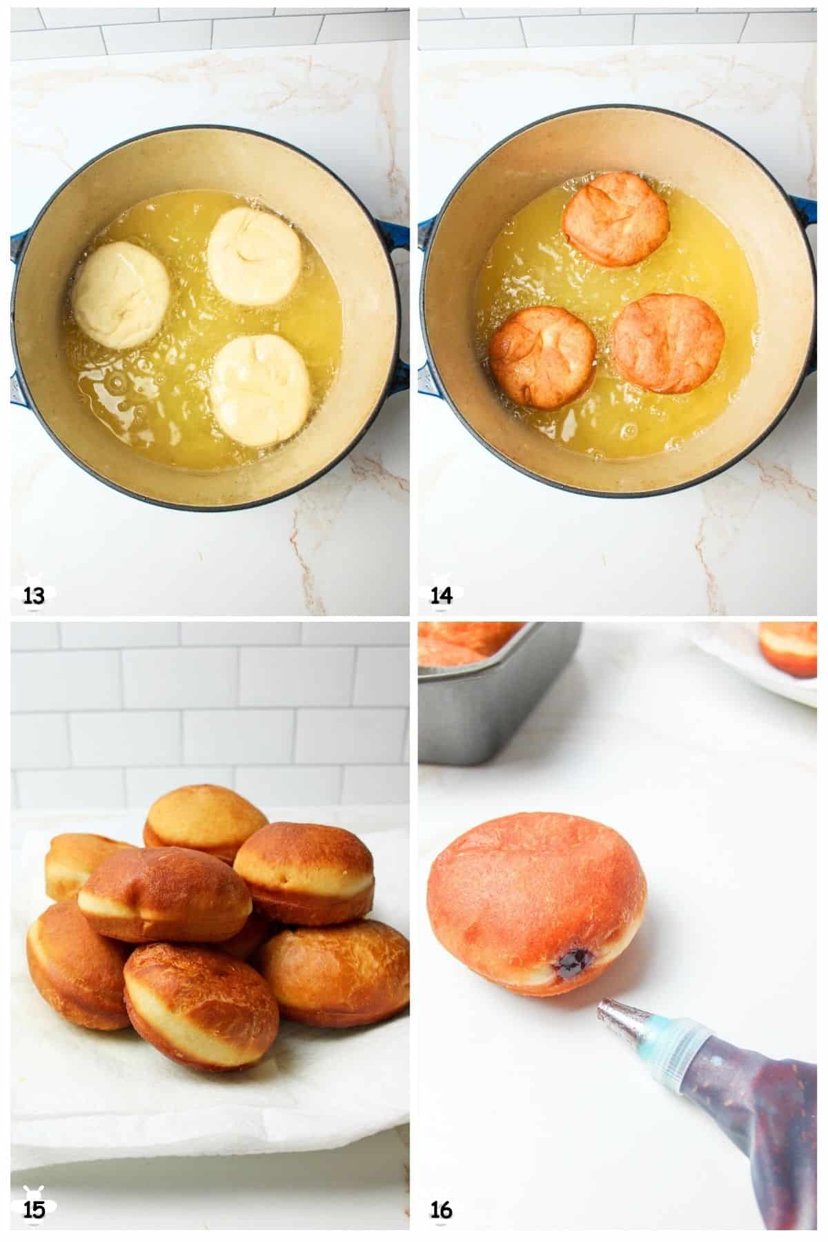 boil donuts in oil, drain grease, and fill as desired.