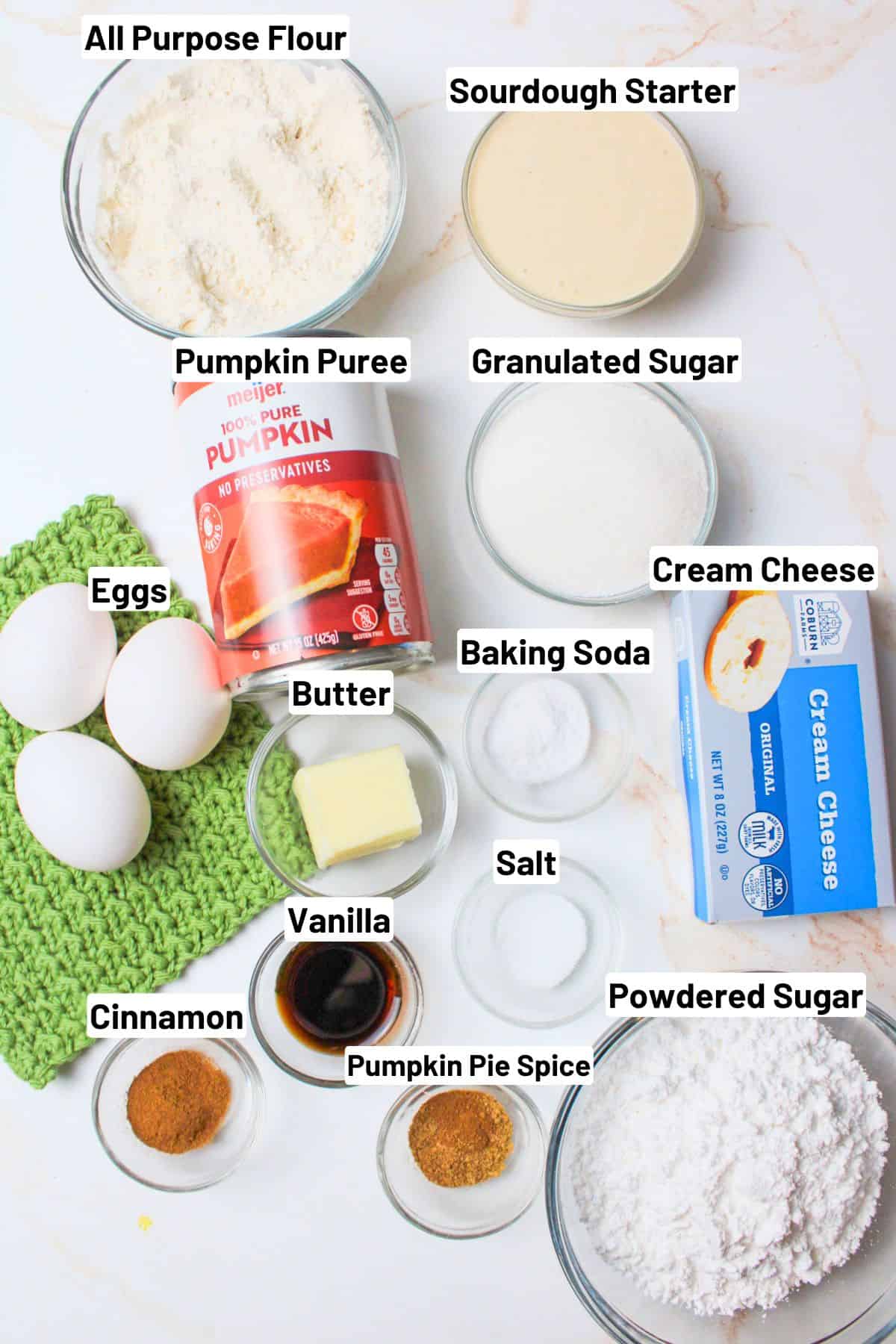 labeled ingredients to make sourdough pumpkin roll.
