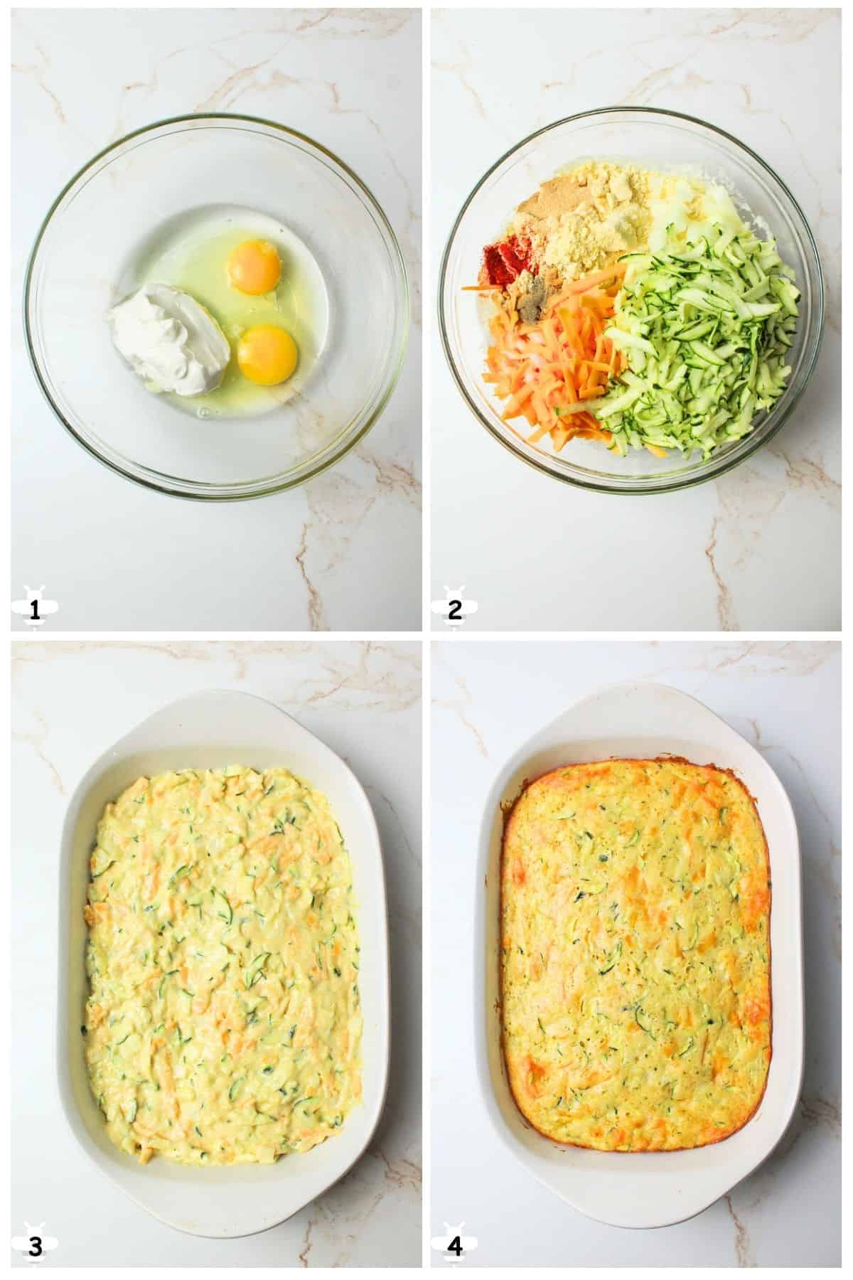 mix ingredients and pour into dish then bake.