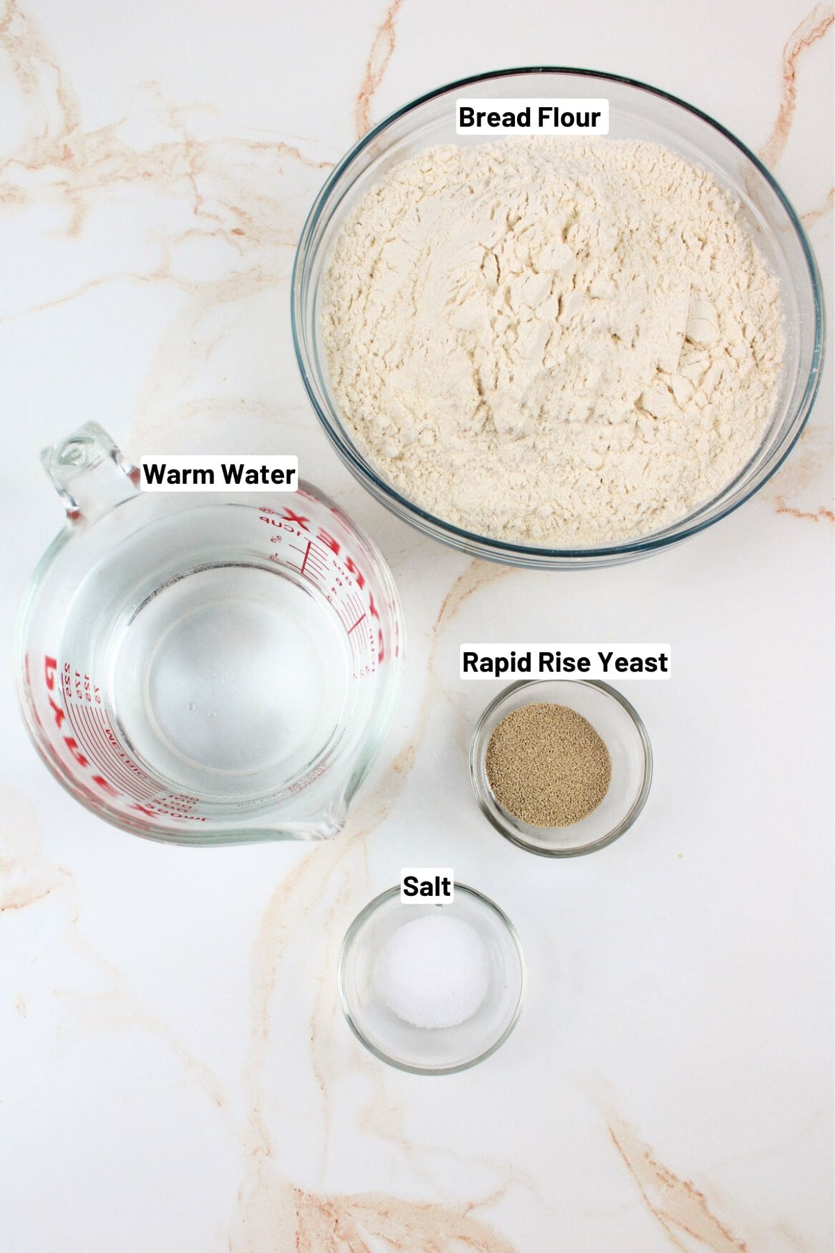 labeled ingredients needed to make no knead bread.