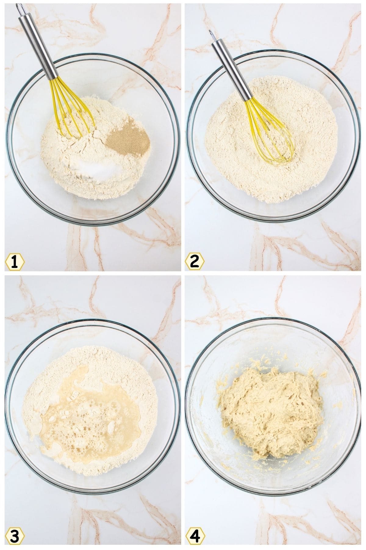 whisk dry ingredients together then mix in water.