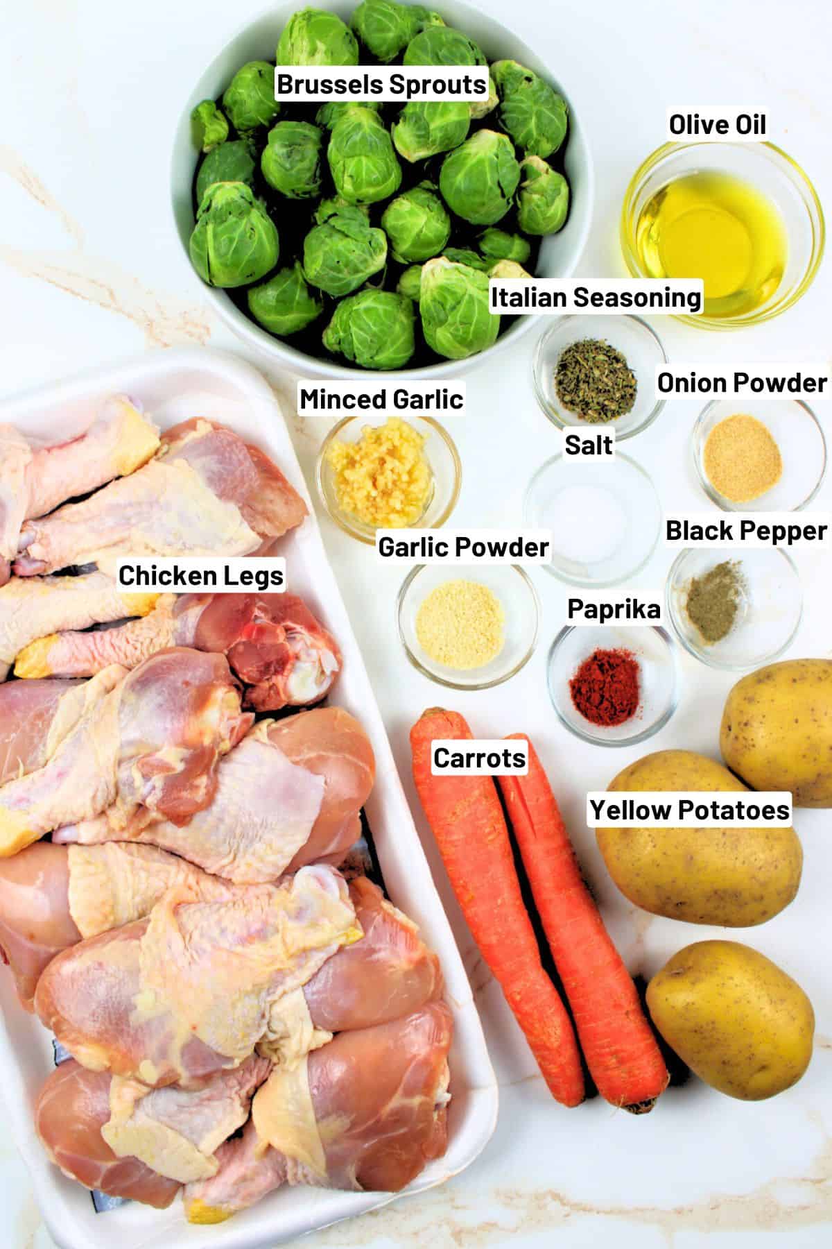 labeled ingredients for chicken leg sheet pan dinner.