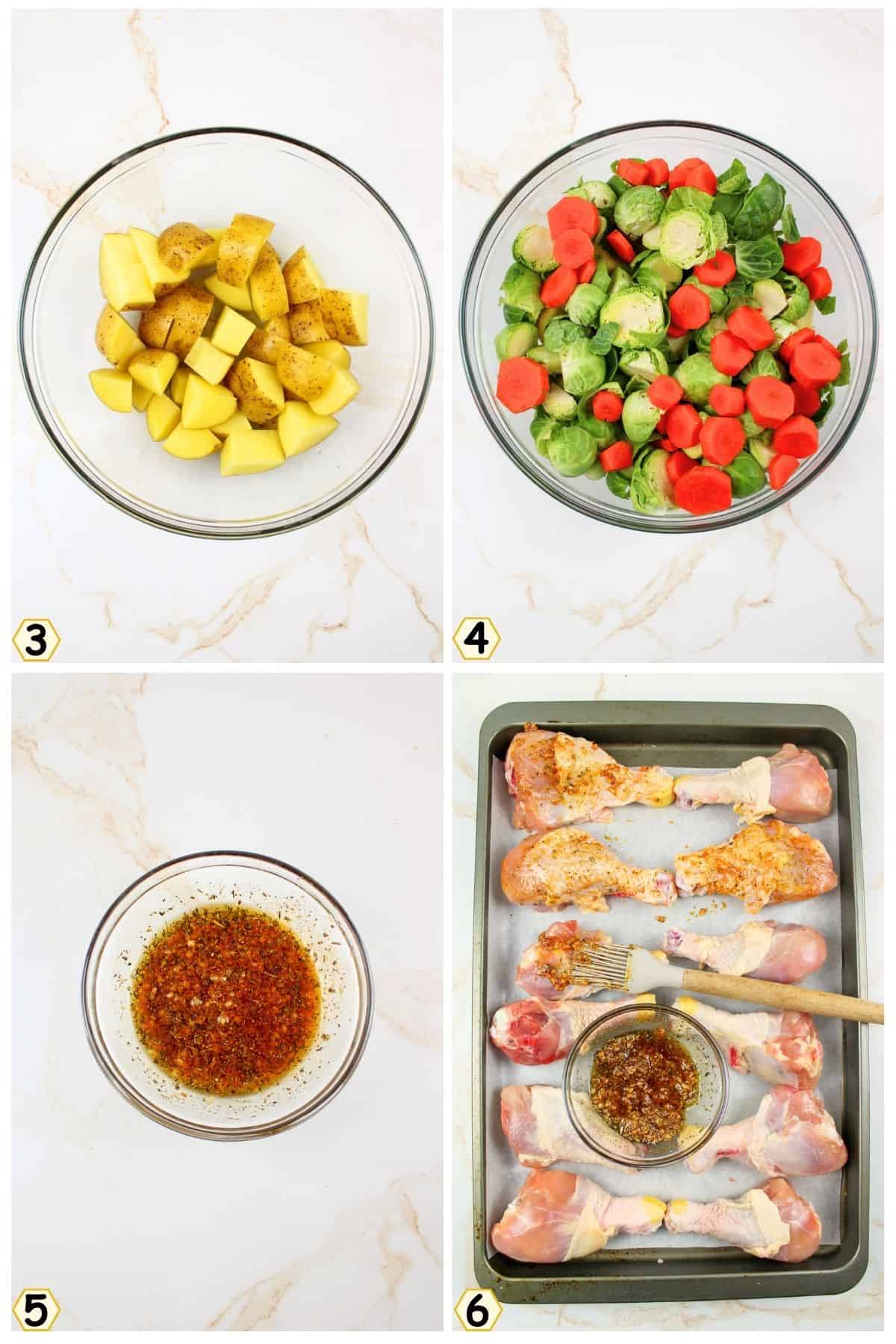add diced potatoes and cut veggies to mixing bowl, then brush oil seasoning blend over chicken.