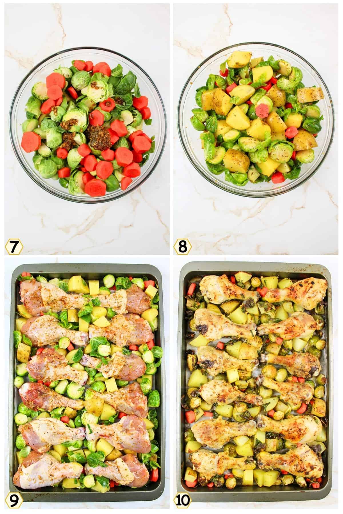 mix seasonings with potatoes and veggies, add to sheet pan and bake.