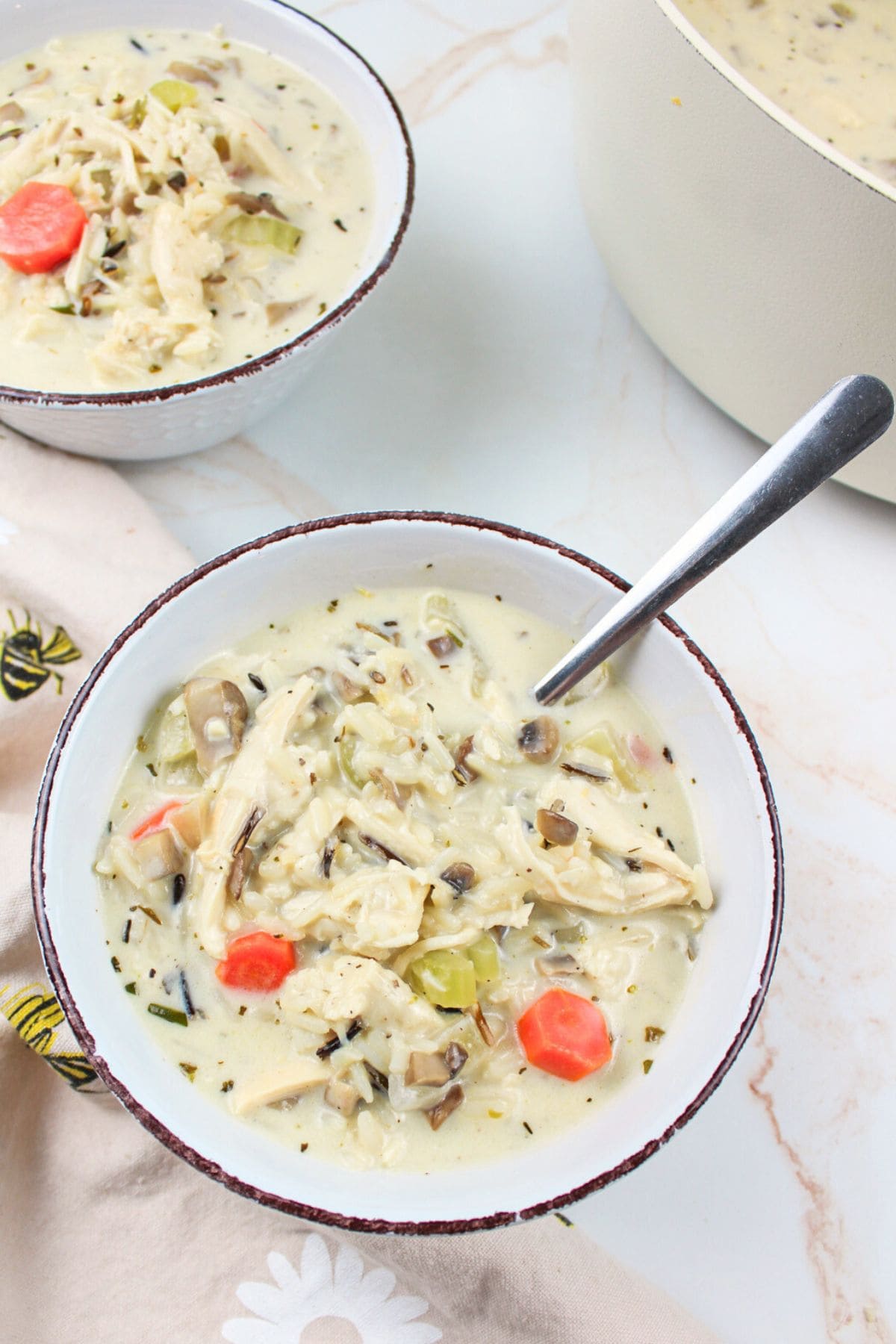 a bowl of turkey wild rice soup with carrots and celery.