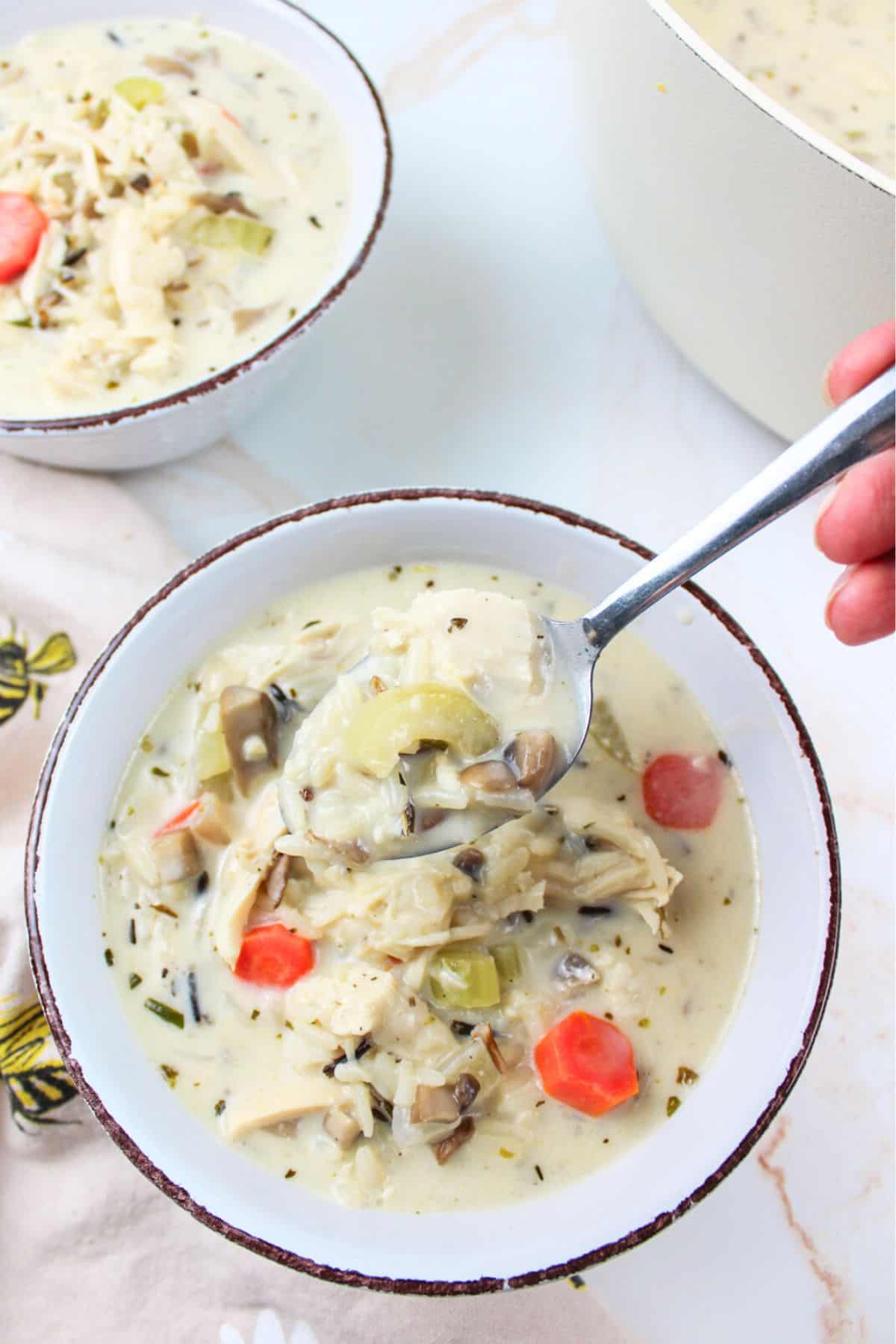 a hand holding a spoonful of soup over a bowl with more soup inside.