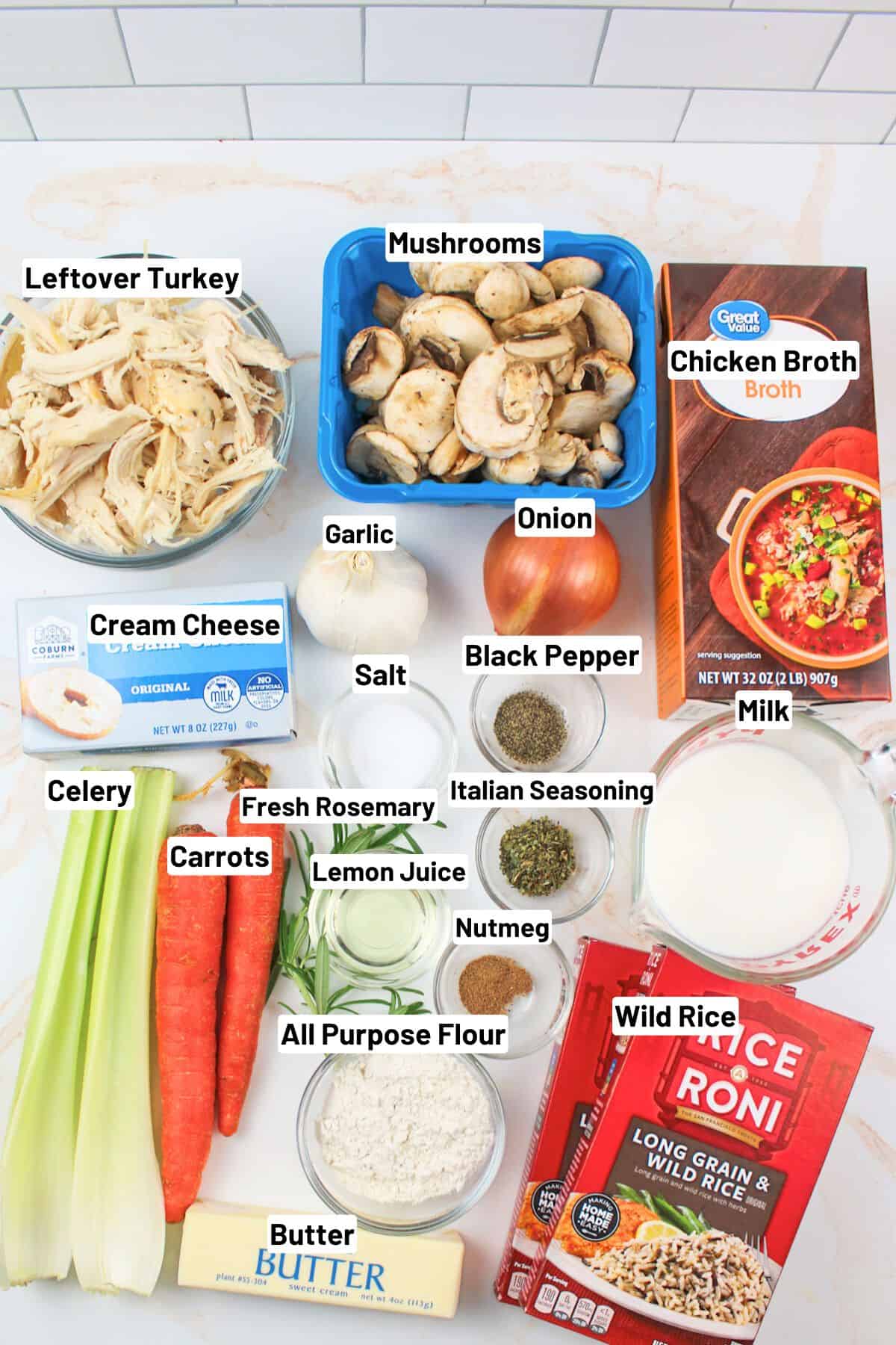 labeled ingredients needed to make creamy leftover turkey wild rice soup.