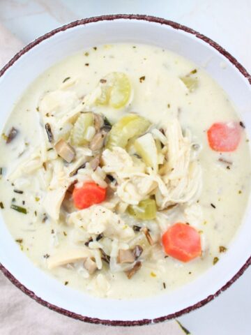 a bowl of creamy turkey wild rice soup.