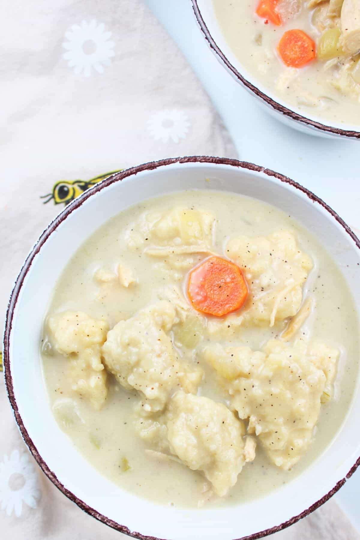 a bowl of creamy turkey dumpling soup.