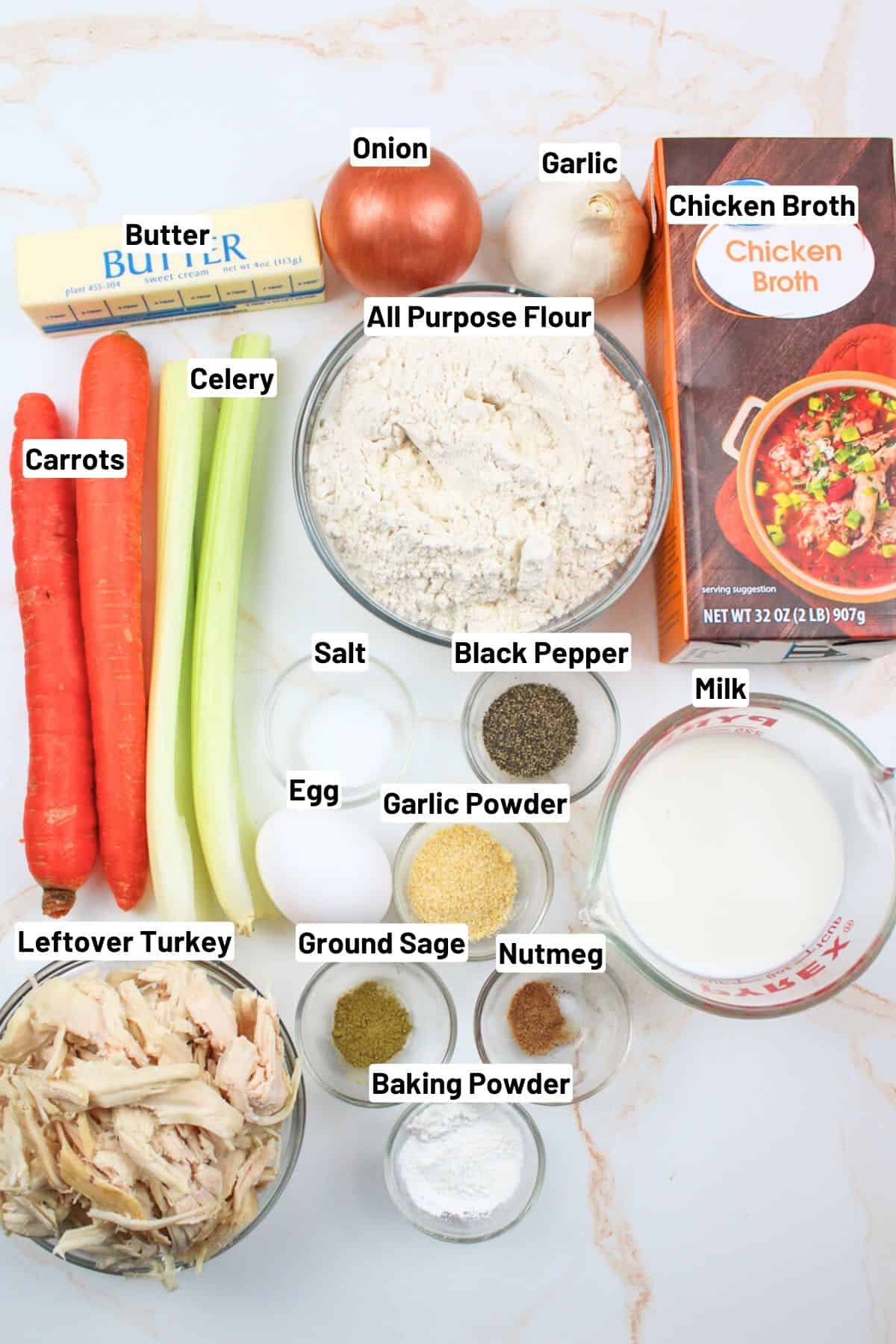 labeled ingredients needed to make creamy turkey dumpling soup.