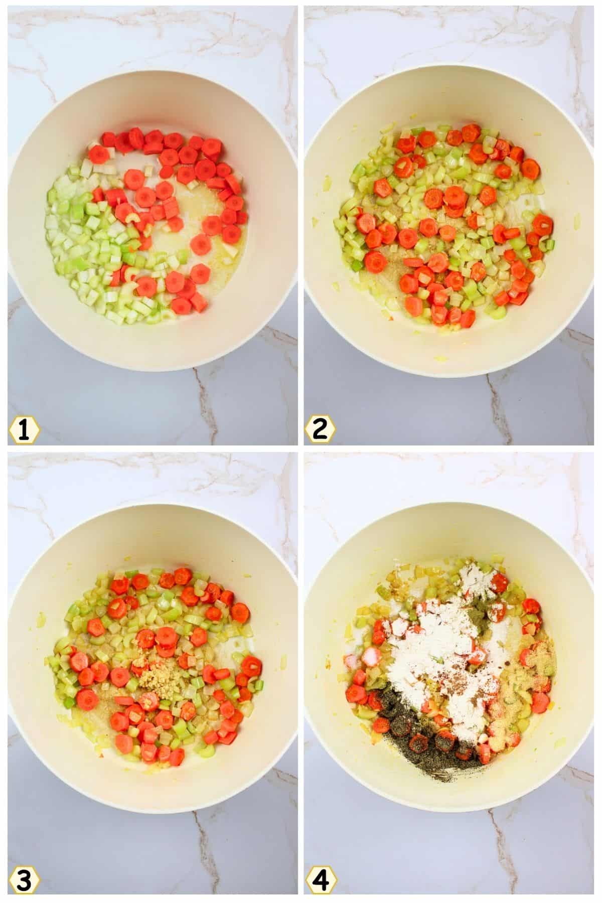 saute veggies and stir in garlic and seasonings.
