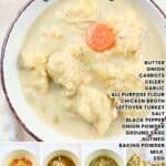 promotional graphic for creamy turkey dumpling soup.