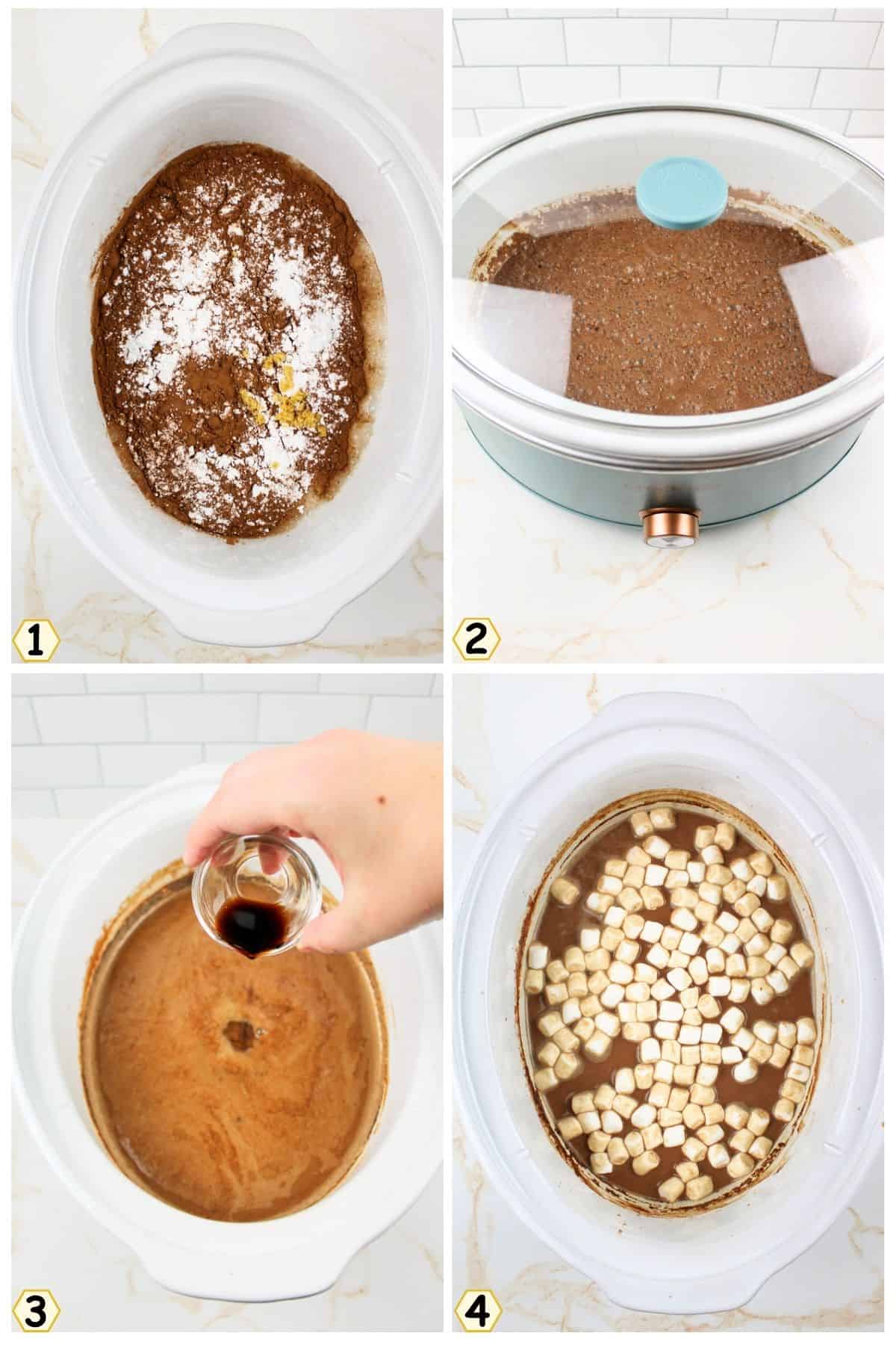 mix ingredients in crockpot, heat until warm, add vanilla and marshmallows.