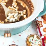 dairy free hot chocolate in crockpot and mugs.